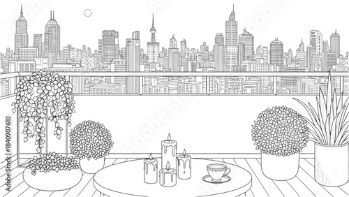 High-quality black line art of a balcony overlooking a city skyline with a coffee table, candles, and decorative plants