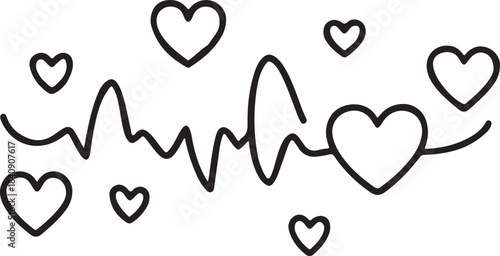 Heartbeat line with floating hearts in a simple black line drawing style