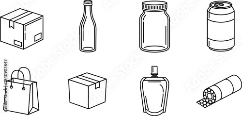 Set of eight packaging vector outline icons including box bottle jar can bag and tube isolated on white background