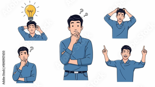 Man in Blue Shirt Expressing Various Emotions and Ideas.