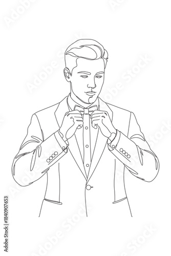 line drawing of a groom adjusting his bow tie