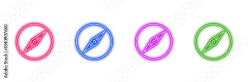 Neon glowing compass navigation vector icons set, explore, direction, location, web browser, internet, vibrant digital technology design on transparent background.