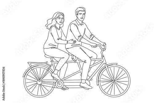 one line drawing of a couple riding a bicycle