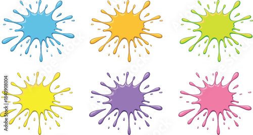 Colorful paint splash vector set with bright ink splat shapes in blue yellow green purple and pink for creative design backgrounds
