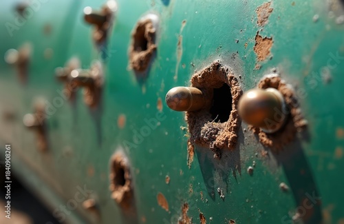 Green metal surface pocked with numerous bullet holes and rust spots. A bullet is visible protruding from one hole, detailing damage and destruction from gunfire. Grunge texture.