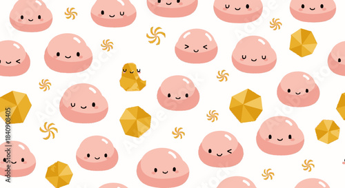 An enchanting seamless pattern displays adorable pink blob characters with diverse expressions, complemented by shimmering golden geometric shapes and whimsical swirls.