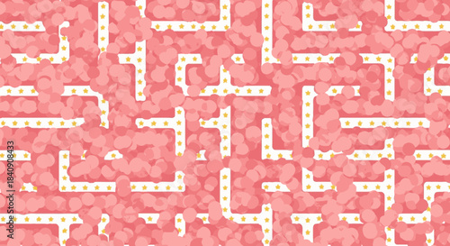 A vibrant digital maze pattern with white paths and yellow dots set against a textured pink background, evoking retro gaming aesthetics.