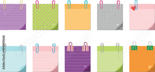 Colorful sticky notes and memo paper illustration set with paper clips and folded corners, cute pastel office stationery vector collection