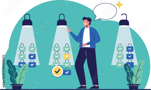 Man selecting secure digital assets in modern locker system, ensuring safe data storage, with a speech bubble for dialogue and a bright, positive atmosphere