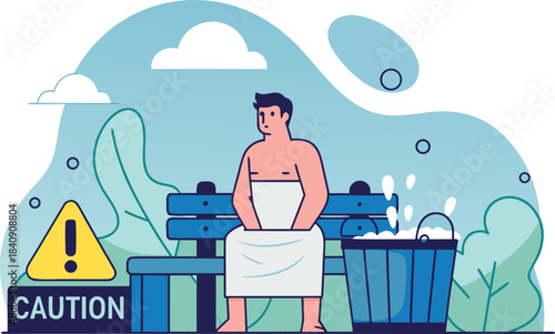 Man in towel relaxing outdoors with caution sign and soapy water bucket, perfect for wellness, safety, and hygiene themed projects and designs