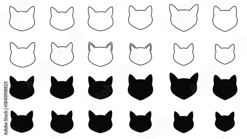 Collection of black and white cat head silhouettes and outlines on white