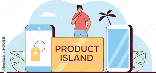 Discover product marketing solutions with this island-themed illustration for your business needs, connecting your brand with customers on mobile devices