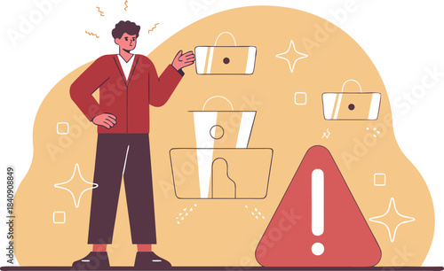 Frustrated man facing shopping cart issues and payment failure problems, showing internet security risk and business loss with error icon