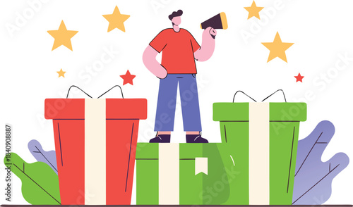 Man with megaphone standing atop gift boxes announcing special offers and promotions to boost sales, surrounded by festive stars, perfect for marketing