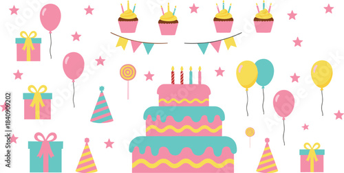 Cute birthday party illustration set with layered cake cupcakes balloons gifts and decorations in pastel colors, festive celebration vector elements
