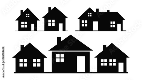 Five black house silhouettes on white background