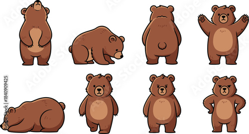 Cute cartoon bear character set in various poses including standing sitting sleeping and waving, friendly brown animal vector illustration collection