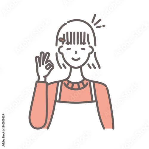 OKサインを見せる笑顔の女性イラスト・シンプルな線画