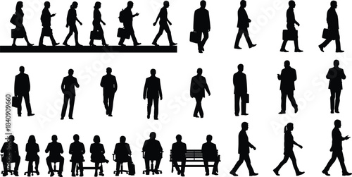 Business people silhouette collection with walking standing sitting office workers briefcase phone and formal urban corporate activity poses isolated