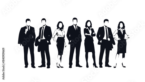 A diverse group of business professionals in full suit attire standing together in a line, forming a corporate team