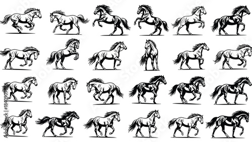 A black and white collection of various running horse poses and silhouettes in vector art style
