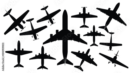 A collection of various airplane silhouettes on a white background, representing different aircraft types