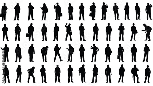 Diverse collection of human silhouettes in various everyday poses and activities