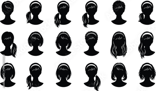 Collection of female and male head silhouette avatars with different hairstyles isolated on white background for profile icon design and character illustration use