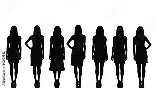 A line of seven women silhouettes in various poses and dresses against a white backdrop