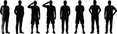 Collection of male human silhouettes in standing casual and military salute poses isolated on white background for character reference and stock design use