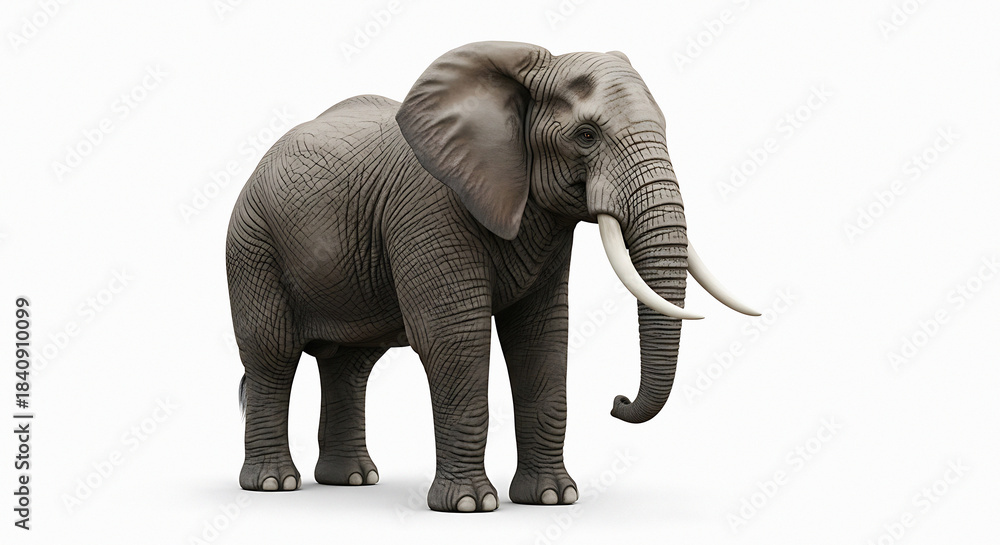 Fototapeta premium A detailed 3 D rendering of a large gray elephant standing with prominent tusks and large ears on a plain white background