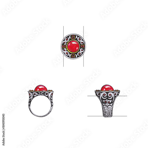 Jewelry design art ring with red sapphire by hand drawn.