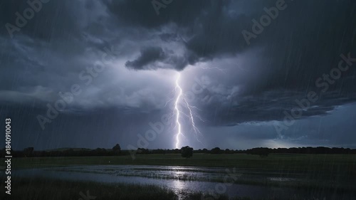 Powerful lightning bolt striking during heavy rainstorm under dark clouds over a rural landscape at night
