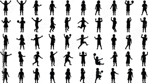 Collection of happy children silhouettes in various playful poses isolated on white background representing childhood energy activity fun illustration design set
