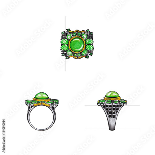 Jewelry design art ring  with peridot by hand drawn.