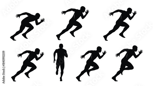 A collection of running man silhouettes depicting various sprint poses against a white backdrop