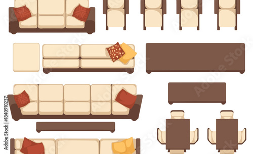 Furniture Collection: Top-down view of a modern furniture set including sofas, chairs, tables, and a bench, perfect for interior design. 