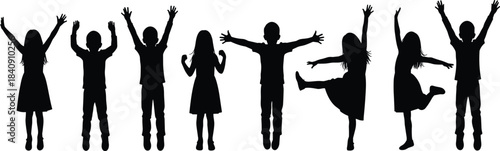 Happy children silhouettes jumping with raised hands in joyful celebration poses isolated on white background for education fun and lifestyle stock design