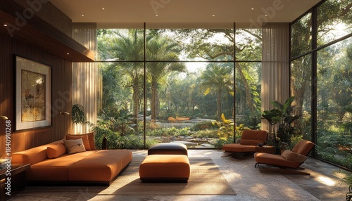 A sunlit modern living room with lush tropical garden views through large windows. Illustrates eco-friendly architecture, interior design trends, and luxurious living.