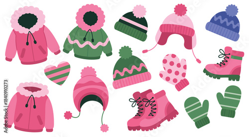 Winter fashion apparel set, with vibrant jackets, soft warm hats, and trendy gloves, perfect for seasonal style themes, outdoor clothing concepts, cozy wardrobe visuals, and modern cold-season 
