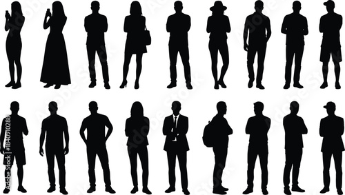 Large collection of business men and women silhouettes standing in professional casual talking and waiting poses isolated on white background