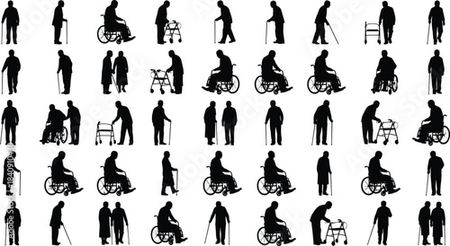 Large collection of elderly people silhouettes using walking sticks walkers wheelchairs and caregiver assistance in daily mobility activities isolated on white background