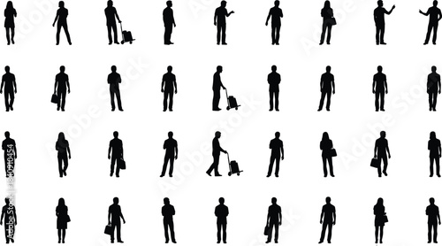 Large collection of male and female walking silhouettes with luggage bags and trolley in travel commuting and business poses isolated on white background