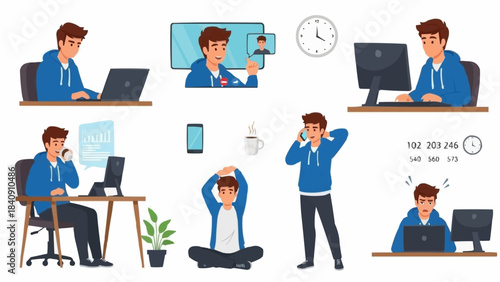 Young man in blue hoodie working on laptop and phone in various poses.