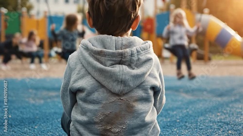 Child observing friends play on sunny playground with dirty hoodie