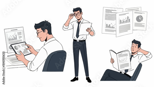 Businessmen analyzing financial data and reports, working with documents and digital tablets.