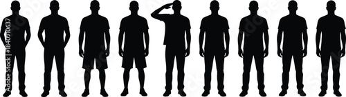 Large collection of male human silhouettes in standing casual and salute poses isolated on white background for character reference and lifestyle stock illustration use