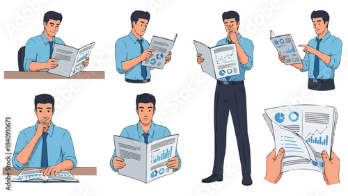 Man reading newspaper and documents with financial charts and graphs.
