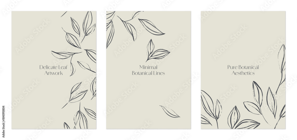 custom made wallpaper toronto digitalSet of three vertical backgrounds featuring minimalist sketch branches and leaves in dark gray against a light brown background