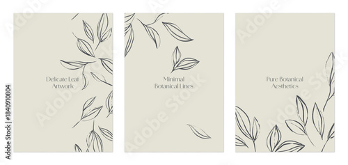 Wallpaper Mural Set of three vertical backgrounds featuring minimalist sketch branches and leaves in dark gray against a light brown background Torontodigital.ca